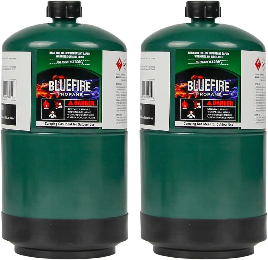 BLUEFIRE Propane Fuel Camping Gas Cylinder Pack of 2 16.4oz >93% Purity All-Purpose Canister Portable Tank Bottle for Outdoor Mini Burner Cooker Stove Heater Cooking Torch Lamp (2 packs)