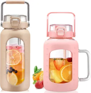 BLUEGO 64oz and 64oz Glass Water Bottles Bundle(64 Amber   64 Pink) with Straw and Lids Handle Large Water Bottle with Sleeve, Half Gallon Water Jug, Glass Water Container, BPA Free