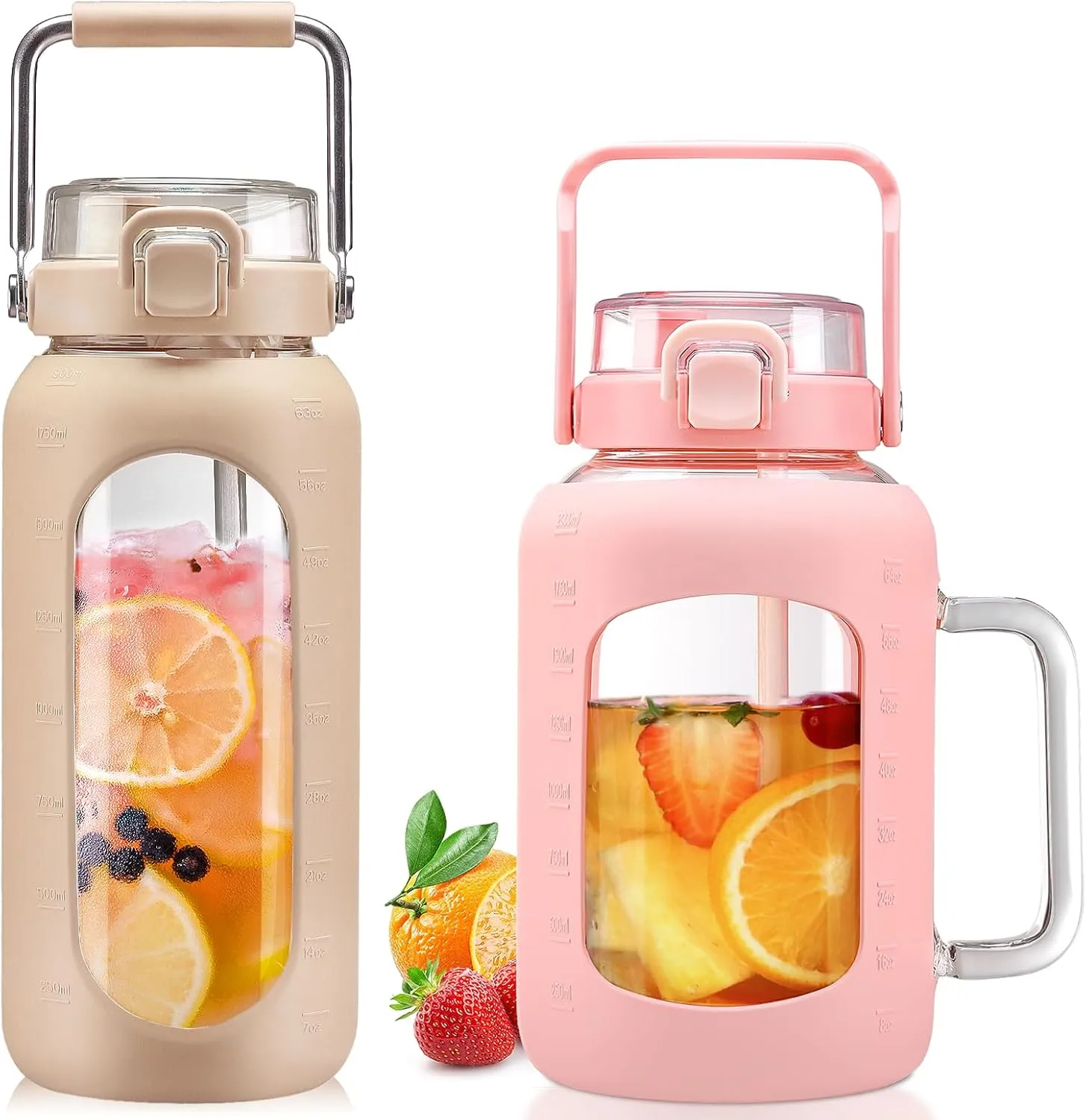 BLUEGO 64oz and 64oz Glass Water Bottles Bundle(64 Amber   64 Pink) with Straw and Lids Handle Large Water Bottle with Sleeve, Half Gallon Water Jug, Glass Water Container, BPA Free