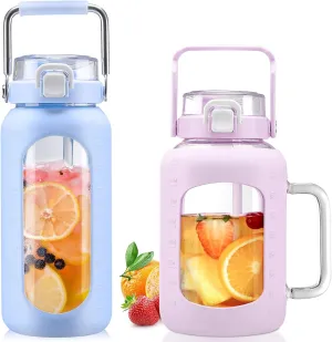 BLUEGO 64oz and 64oz Glass Water Bottles Bundle(64 LBlue   64 Purple) with Straw and Lids Handle Large Water Bottle with Sleeve, Half Gallon Water Jug, Glass Water Container, BPA Free
