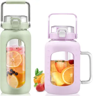 BLUEGO 64oz and 64oz Glass Water Bottles Bundle(64 LGreen   64 Purple) with Straw and Lids Handle Large Water Bottle with Sleeve, Half Gallon Water Jug, Glass Water Container, BPA Free