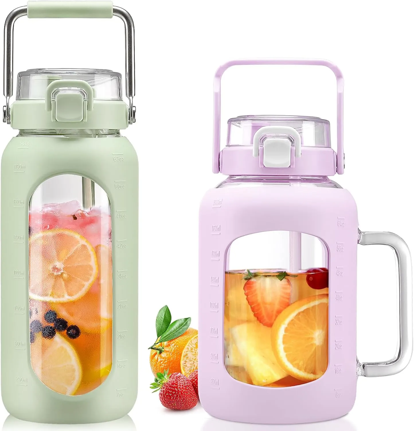 BLUEGO 64oz and 64oz Glass Water Bottles Bundle(64 LGreen   64 Purple) with Straw and Lids Handle Large Water Bottle with Sleeve, Half Gallon Water Jug, Glass Water Container, BPA Free