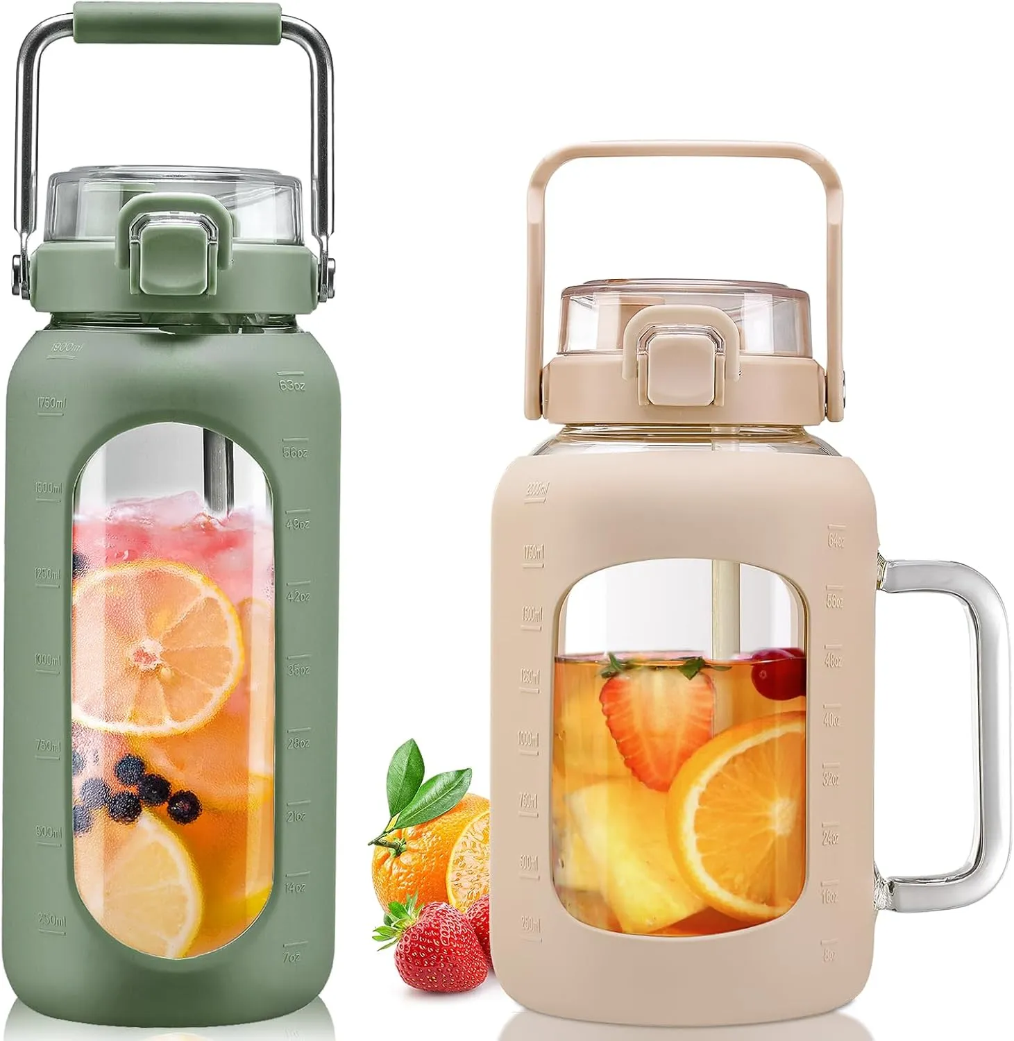 BLUEGO 64oz and 64oz Glass Water Bottles Bundle(64 Olive   64 Amber) with Straw and Lids Handle Large Water Bottle with Sleeve, Half Gallon Water Jug, Glass Water Container, BPA Free