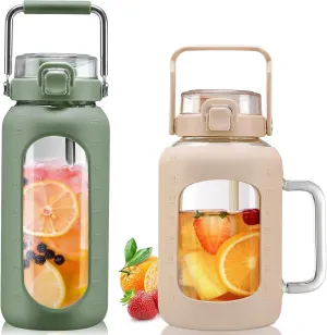 BLUEGO 64oz and 64oz Glass Water Bottles Bundle(64 Olive   64 Amber) with Straw and Lids Handle Large Water Bottle with Sleeve, Half Gallon Water Jug, Glass Water Container, BPA Free