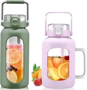BLUEGO 64oz and 64oz Glass Water Bottles Bundle(64 Olive   64 Purple) with Straw and Lids Handle Large Water Bottle with Sleeve, Half Gallon Water Jug, Glass Water Container, BPA Free