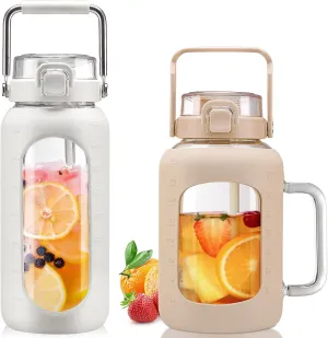 BLUEGO 64oz and 64oz Glass Water Bottles Bundle(64 White   64 Amber) with Straw and Lids Handle Large Water Bottle with Sleeve, Half Gallon Water Jug, Glass Water Container, BPA Free