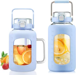 BLUEGO 64oz and 84oz Glass Water Bottles Bundle(64 Blue   84 Blue) with Straw and Lids Handle Large Water Tumbler with Sleeve, Glass Water Container, 2 Liter Water Jug Glass, BPA Free
