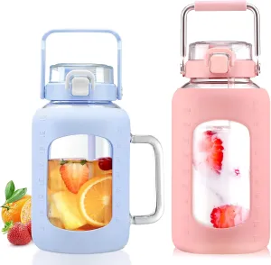 BLUEGO 64oz and 84oz Glass Water Bottles Bundle(64 Blue   84 Pink) with Straw and Lids Handle Large Water Tumbler with Sleeve, Glass Water Container, 2 Liter Water Jug Glass, BPA Free