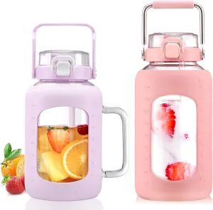 BLUEGO 64oz and 84oz Glass Water Bottles Bundle(64 Purple   84 Pink) with Straw and Lids Handle Large Water Tumbler with Sleeve, Glass Water Container, 2 Liter Water Jug Glass, BPA Free