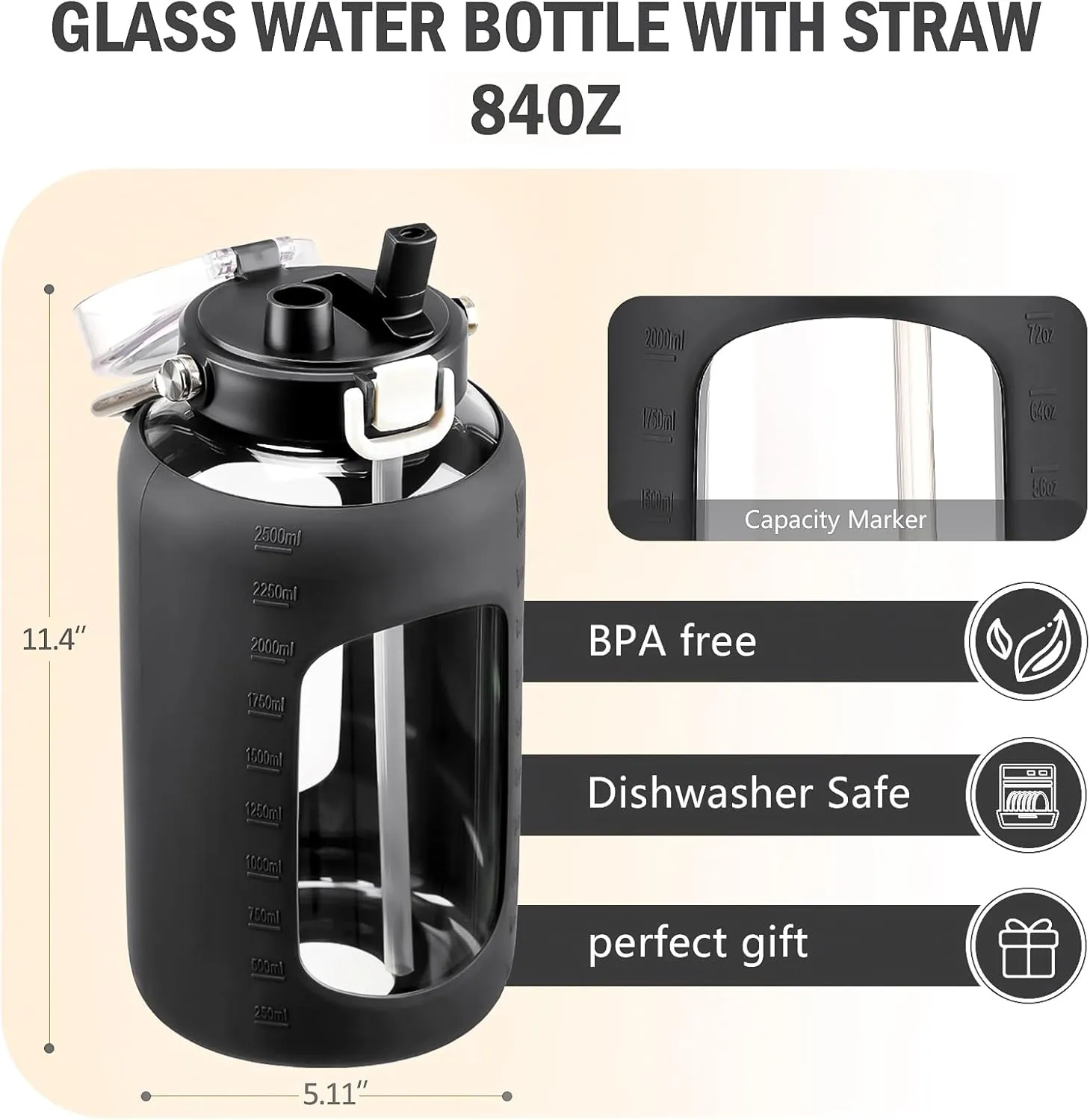 BLUEGO 84oz Water Bottle Glass with Stainless Steel Handle Large Water Bottle with Time Markers and Silicone Sleeve Half Gallon Water Jug BPA Free for Gym Daily Use, Black