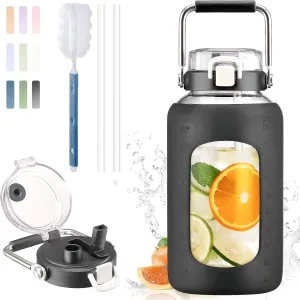 BLUEGO 84oz Water Bottle Glass with Stainless Steel Handle Large Water Bottle with Time Markers and Silicone Sleeve Half Gallon Water Jug BPA Free for Gym Daily Use, Black
