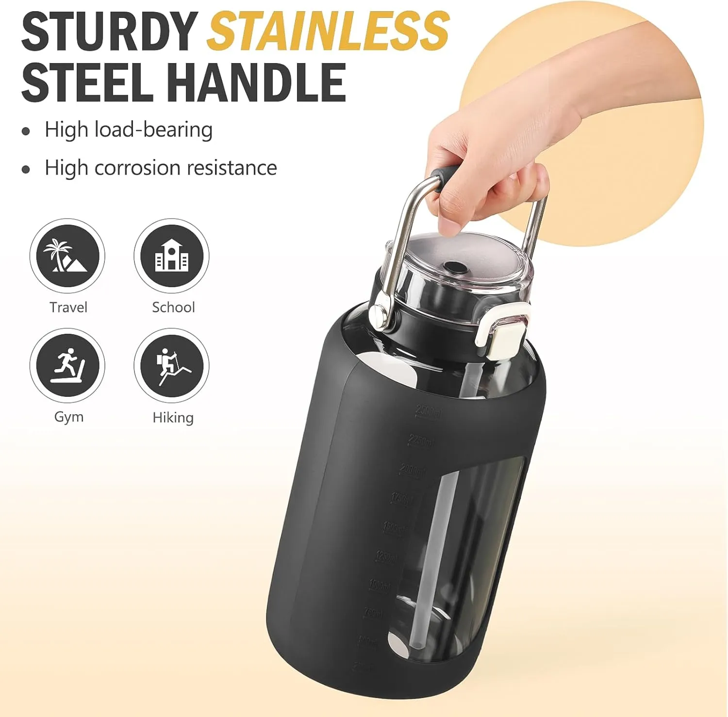 BLUEGO 84oz Water Bottle Glass with Stainless Steel Handle Large Water Bottle with Time Markers and Silicone Sleeve Half Gallon Water Jug BPA Free for Gym Daily Use, Black