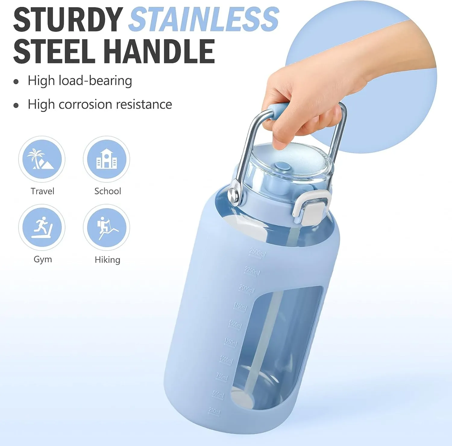 BLUEGO 84oz Water Bottle Glass with Stainless Steel Handle Large Water Bottle with Time Markers and Silicone Sleeve Half Gallon Water Jug BPA Free for Gym Daily Use, Blue