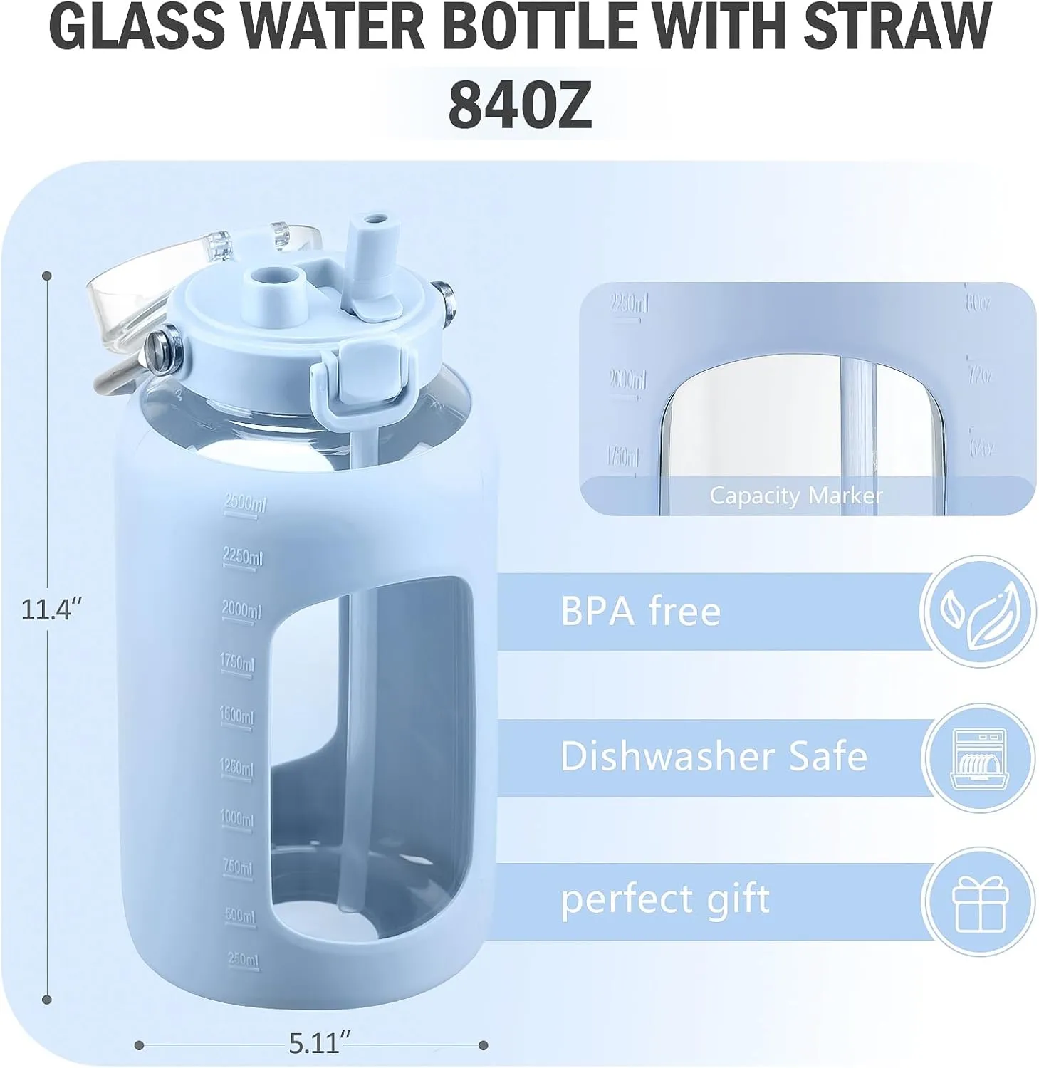 BLUEGO 84oz Water Bottle Glass with Stainless Steel Handle Large Water Bottle with Time Markers and Silicone Sleeve Half Gallon Water Jug BPA Free for Gym Daily Use, Blue