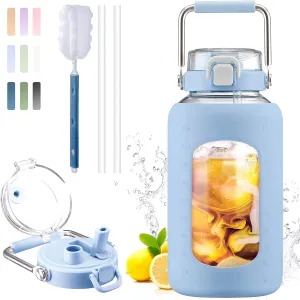BLUEGO 84oz Water Bottle Glass with Stainless Steel Handle Large Water Bottle with Time Markers and Silicone Sleeve Half Gallon Water Jug BPA Free for Gym Daily Use, Blue