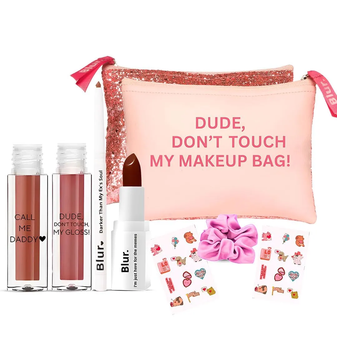 Blur.co Lipsticks India Makeup Gift Set, 8-Piece Kit with Lip Products and Cosmetic Bag, Pink
