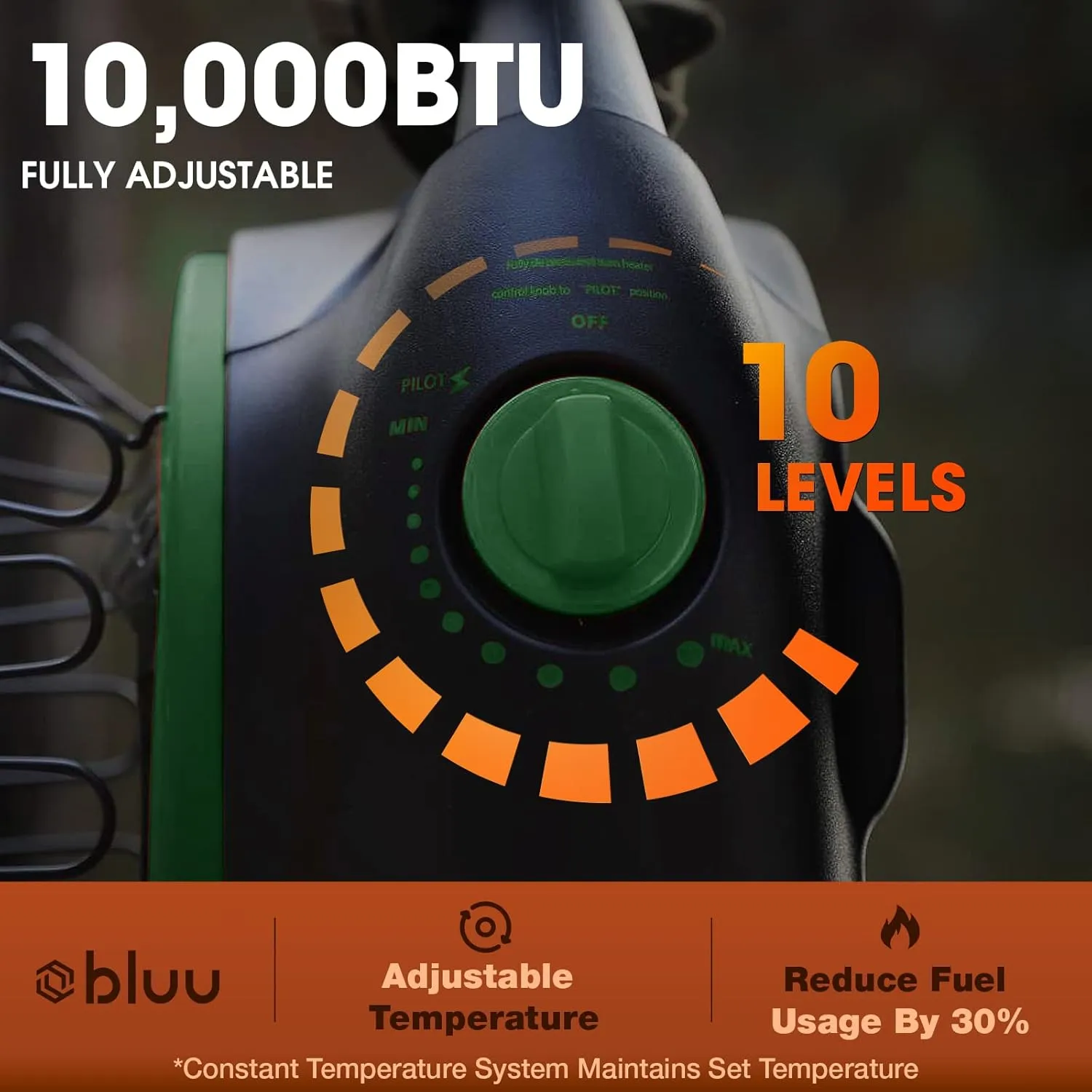BLUU Propane Heater for Outdoor and Indoor Use 10,000 BTU with Thermostat, Portable Gas Heaters Great for Camping, Patio, Tent & Garage, Tip-Over & Overheat Protection for Safe CSA Compliance (Green)