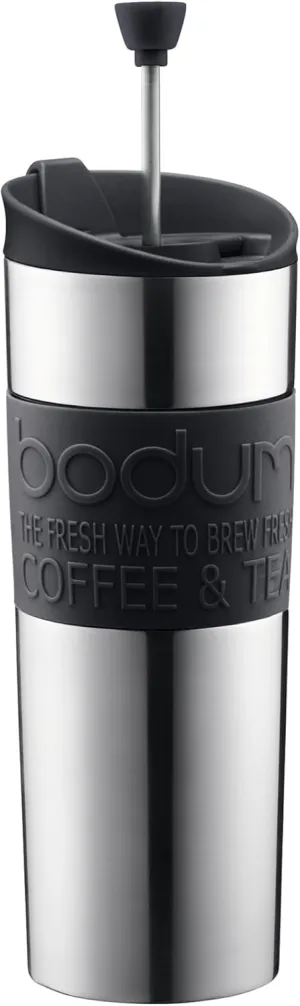 Bodum Travel Press, Vacuum Insulated, Stainless Steel Portable Coffee Maker and Tea Press, 15oz, Black