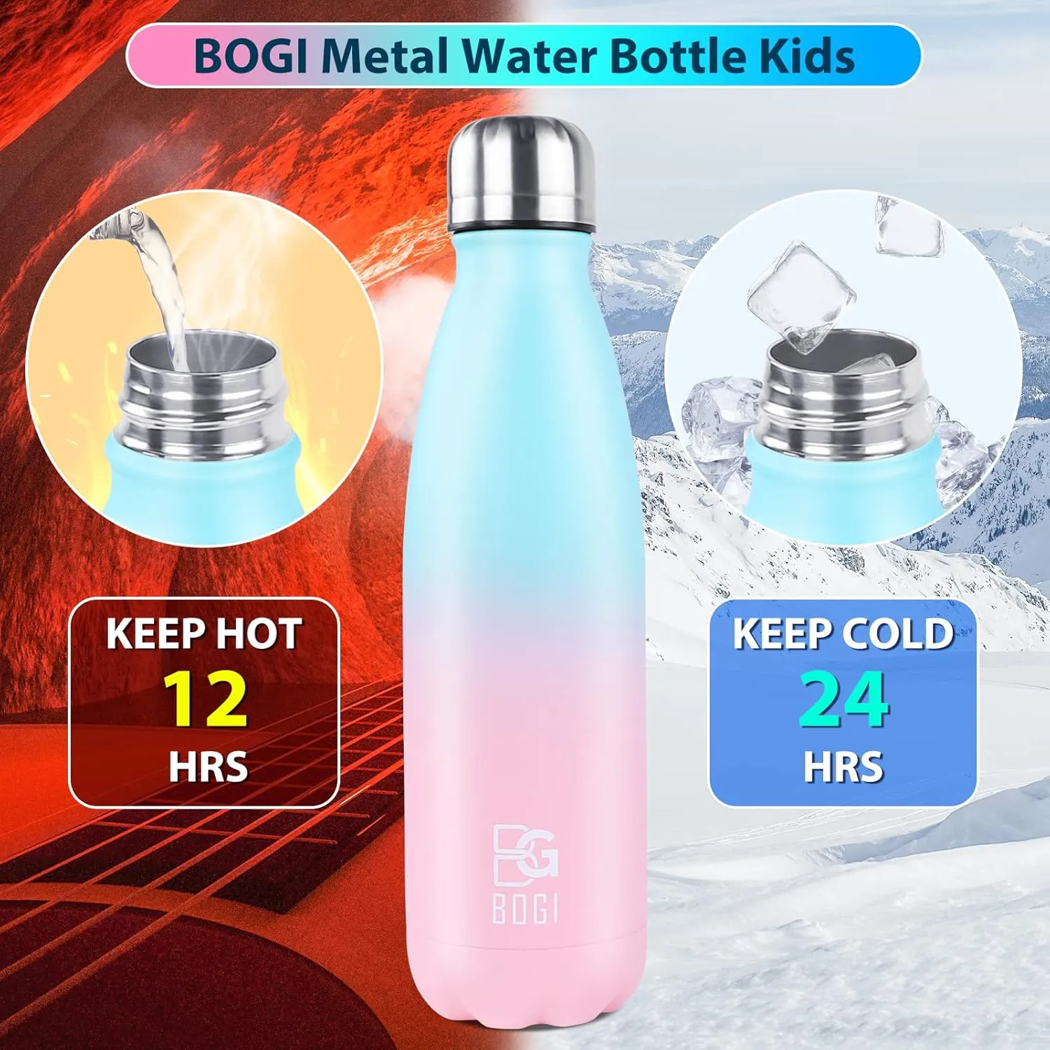 BOGI Insulated Water Bottle, 17oz 2 Pack Stainless Steel Water Bottles, Leak Proof Sports Metal Water Bottles Keep Drink Cold for 24 Hours and Hot for 12 Hours BPA Free kids water bottle for School