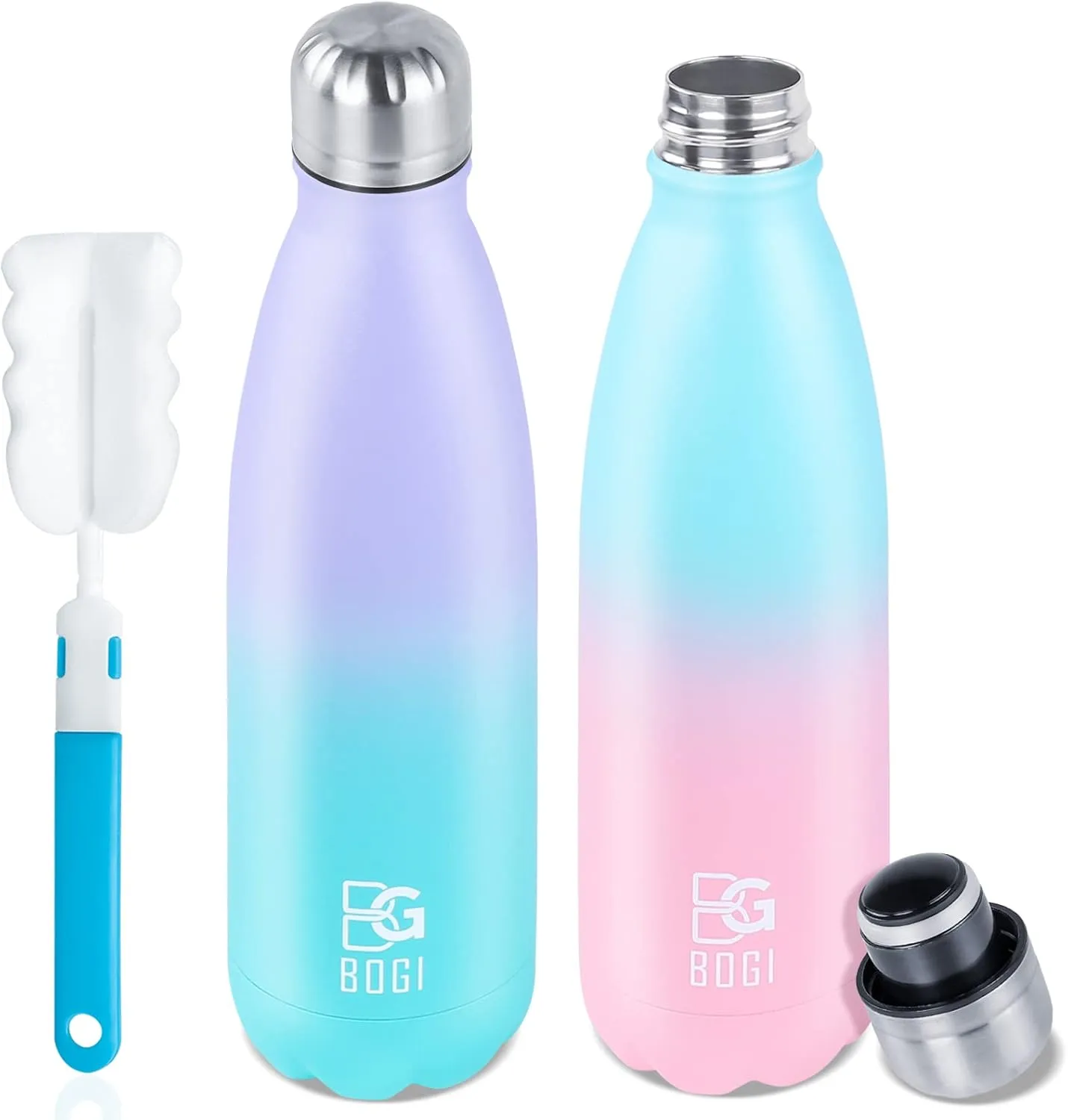 BOGI Insulated Water Bottle, 17oz 2 Pack Stainless Steel Water Bottles, Leak Proof Sports Metal Water Bottles Keep Drink Cold for 24 Hours and Hot for 12 Hours BPA Free kids water bottle for School
