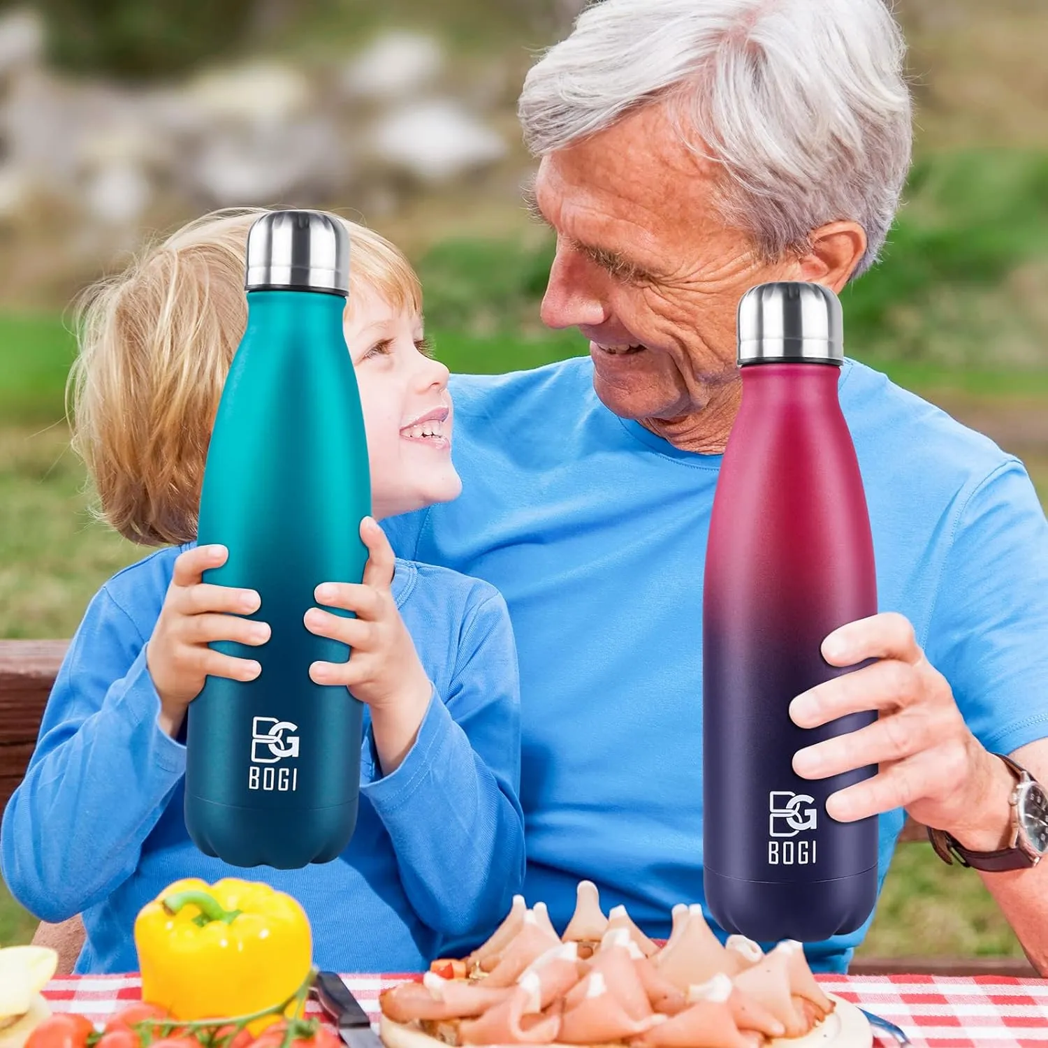 BOGI Insulated Water Bottle, 17oz 2 Pack Stainless Steel Water Bottles, Leak Proof Sports Metal Water Bottles Keep Drink Cold for 24 Hours and Hot for 12 Hours BPA Free kids water bottle for School