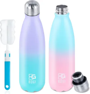 BOGI Insulated Water Bottle, 17oz 2 Pack Stainless Steel Water Bottles, Leak Proof Sports Metal Water Bottles Keep Drink Cold for 24 Hours and Hot for 12 Hours BPA Free kids water bottle for School