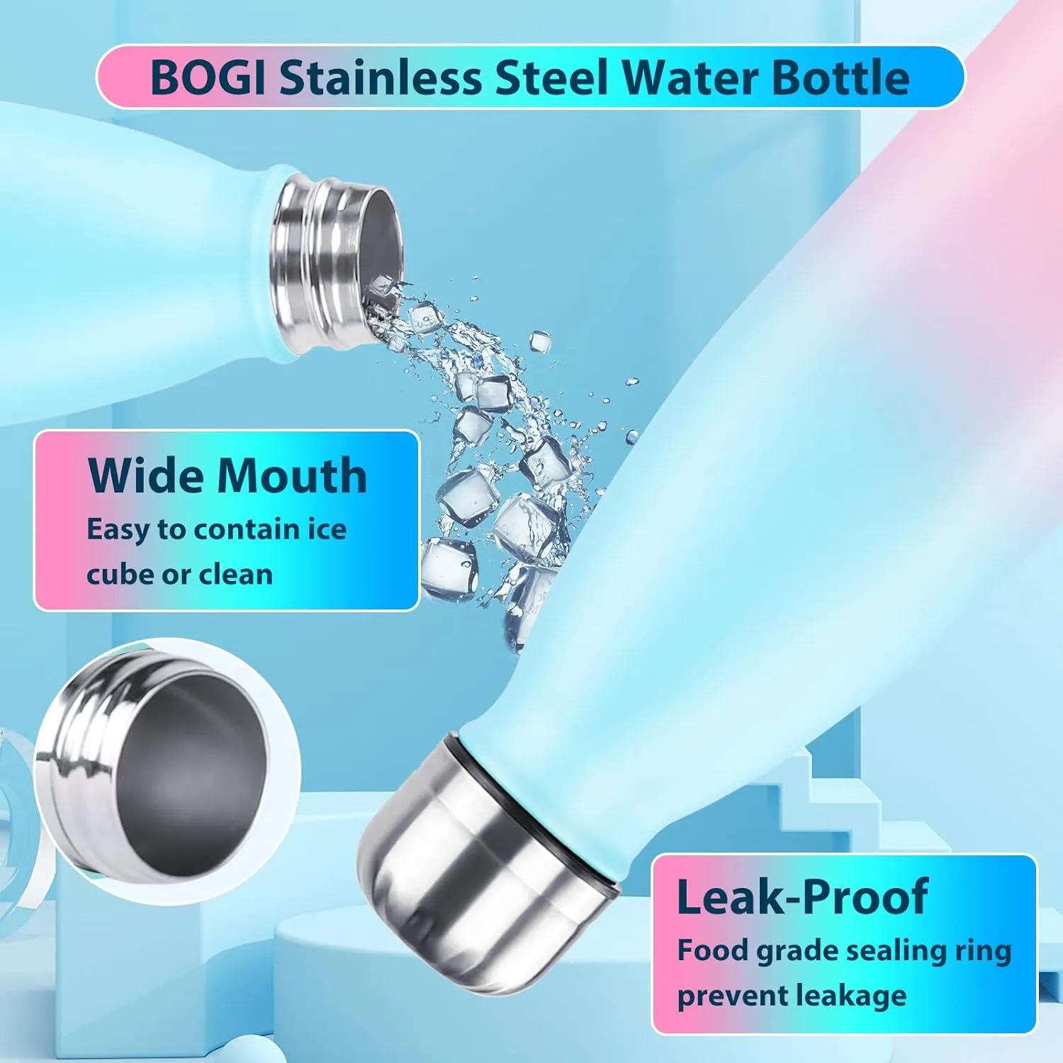 BOGI Insulated Water Bottle, 17oz 2 Pack Stainless Steel Water Bottles, Leak Proof Sports Metal Water Bottles Keep Drink Cold for 24 Hours and Hot for 12 Hours BPA Free kids water bottle for School