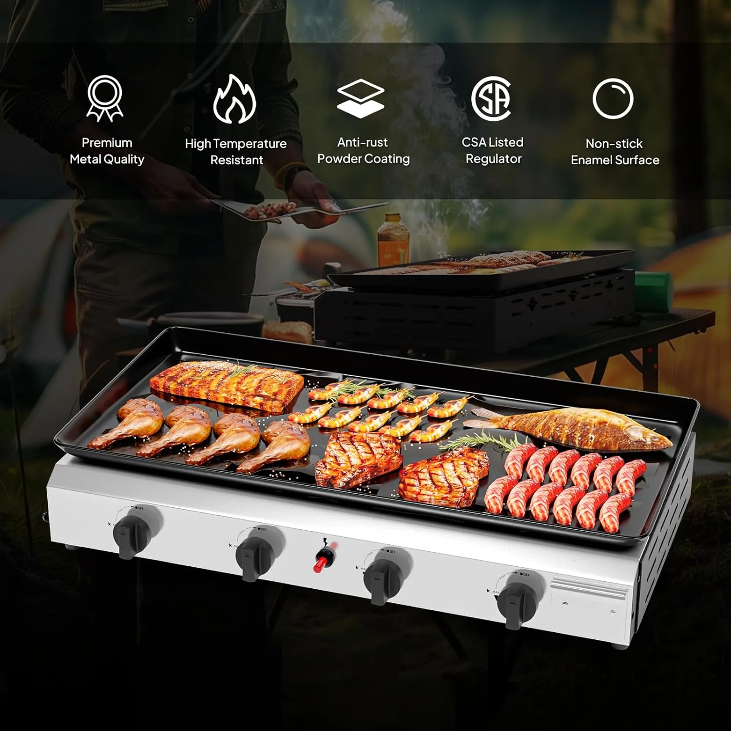 Bonnlo 4 Burner Portable Tabletop Griddle,40,000BTU Gas Grill, Non-Stick Flat Top Griddle w/Stainless Steel Plate & Electronic Ignition & Regulator, for Outdoor Cooking Camping BBQ Tailgating