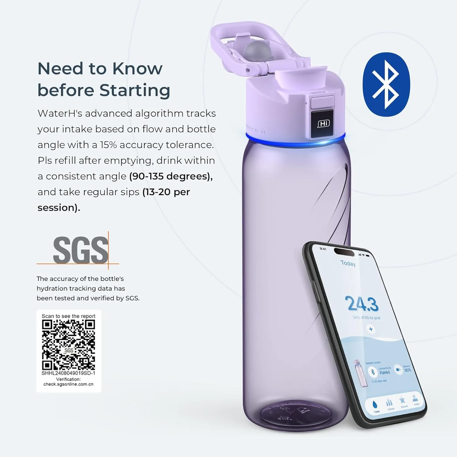 BOOST LITE Smart Water Bottle with Reminder to Drink Water, Motivate & Tracking Hydration Water Bottle with App, 32 oz Tritan BPA-Free Plastic Water Bottles for Gym, School, Office - Purple