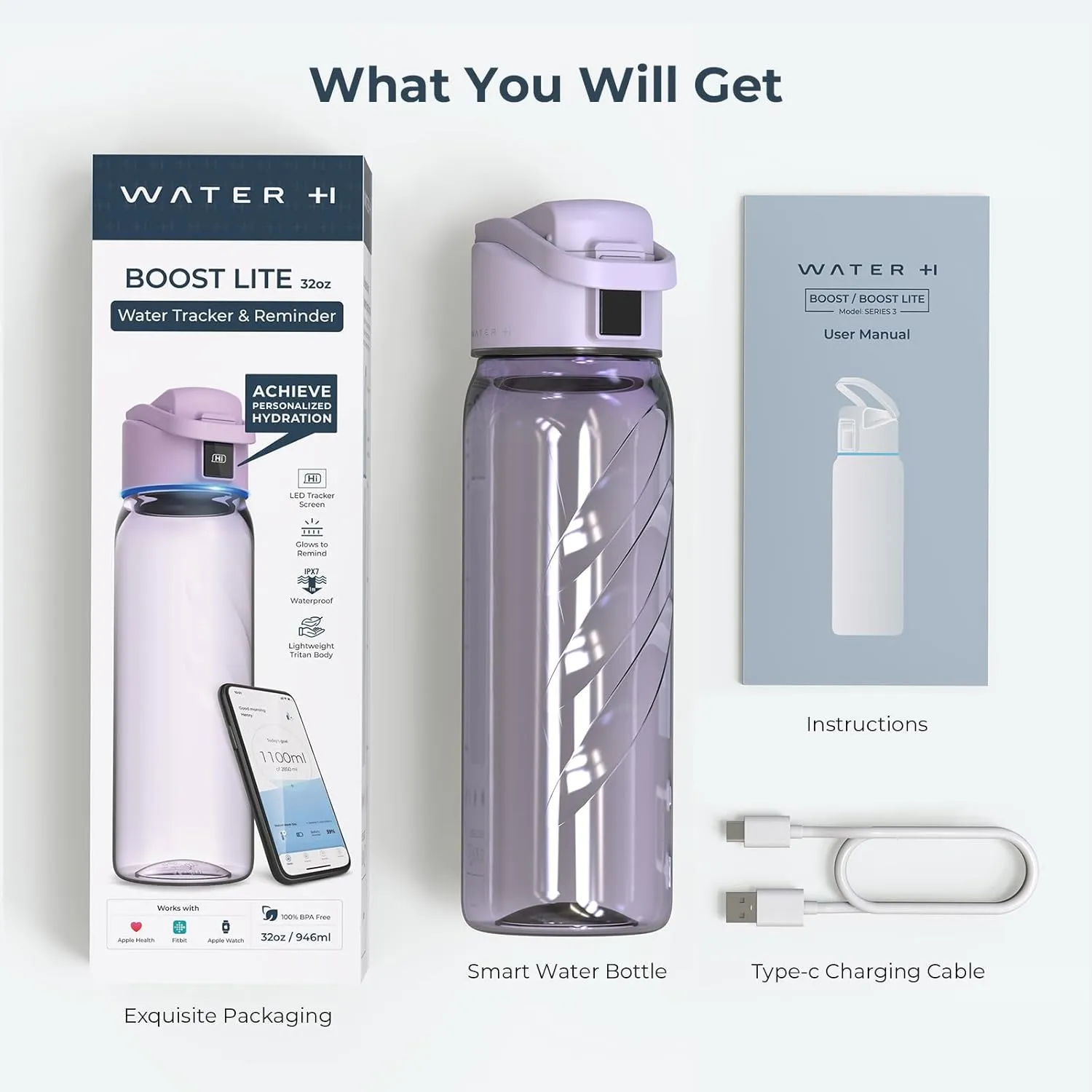 BOOST LITE Smart Water Bottle with Reminder to Drink Water, Motivate & Tracking Hydration Water Bottle with App, 32 oz Tritan BPA-Free Plastic Water Bottles for Gym, School, Office - Purple