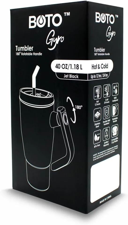 BOTO Tumbler with Handle and Straw | 100% Leak Proof Tumbler, 180° Rotatable Handle, Includes 2 Lids | Water Bottle with Straw, Insulated Tumblers, Stainless Steel