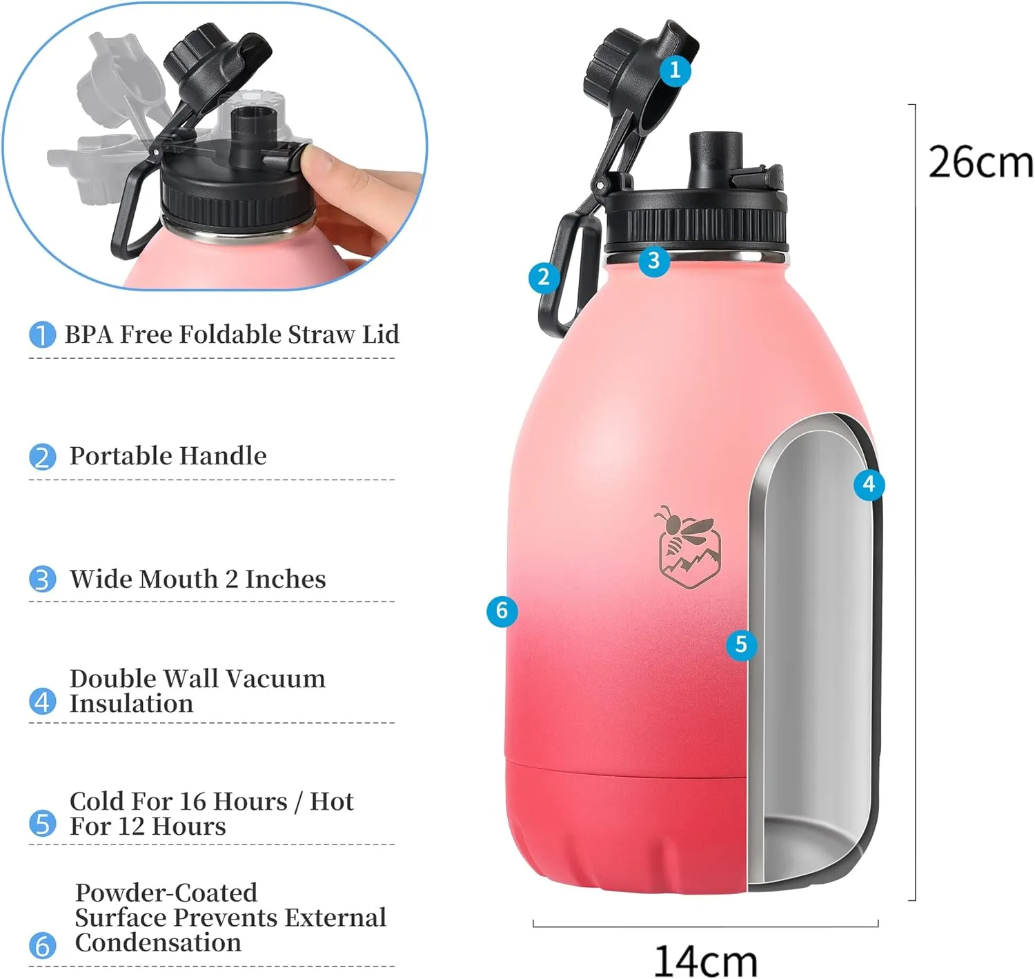 Boulder Bee | 64 oz Insulated Water Bottles | Stainless Steel Thermos for Hot & Cold Drinks | Double Vacuum Walled Gym Water Bottle | Large Metal Jug for Travel, Hiking, Camping (Pink)