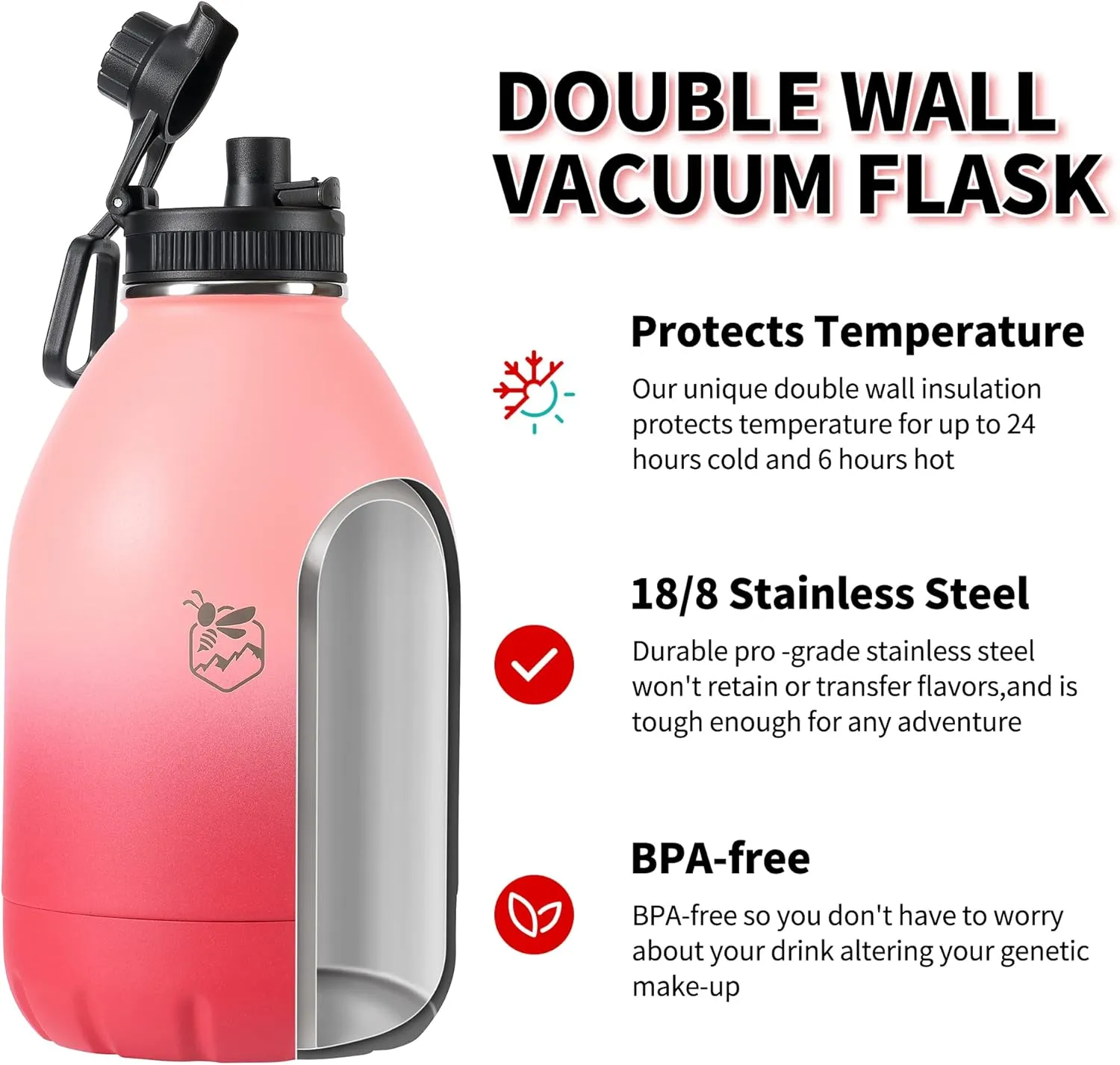 Boulder Bee | 64 oz Insulated Water Bottles | Stainless Steel Thermos for Hot & Cold Drinks | Double Vacuum Walled Gym Water Bottle | Large Metal Jug for Travel, Hiking, Camping (Pink)