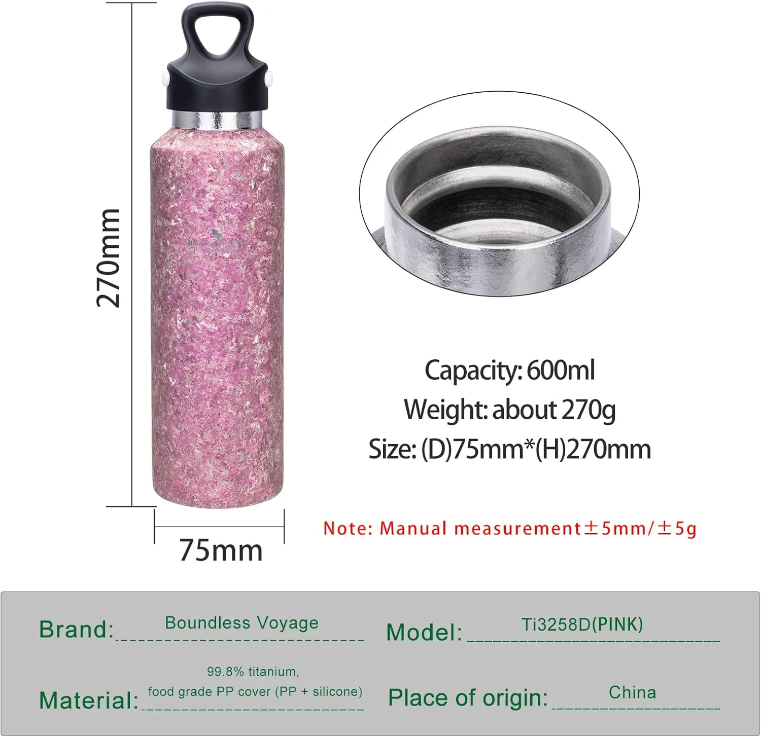 Boundless Voyage Titanium Vacuum Water Bottle Double-Walled Insulated Cup Lightweight and Leak-Proof Travel Outdoor Office School Sport Bottle (600ml pink)