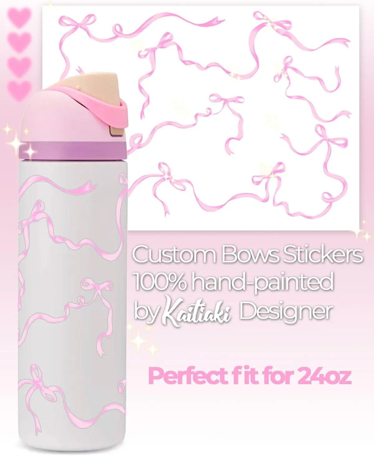 Bows Stickers for Custom Owala Accessories - Cute Tumbler Decals, Fits 24oz Urban Outfitters Owala Bottles (Bubble Bliss Bow, Pink)