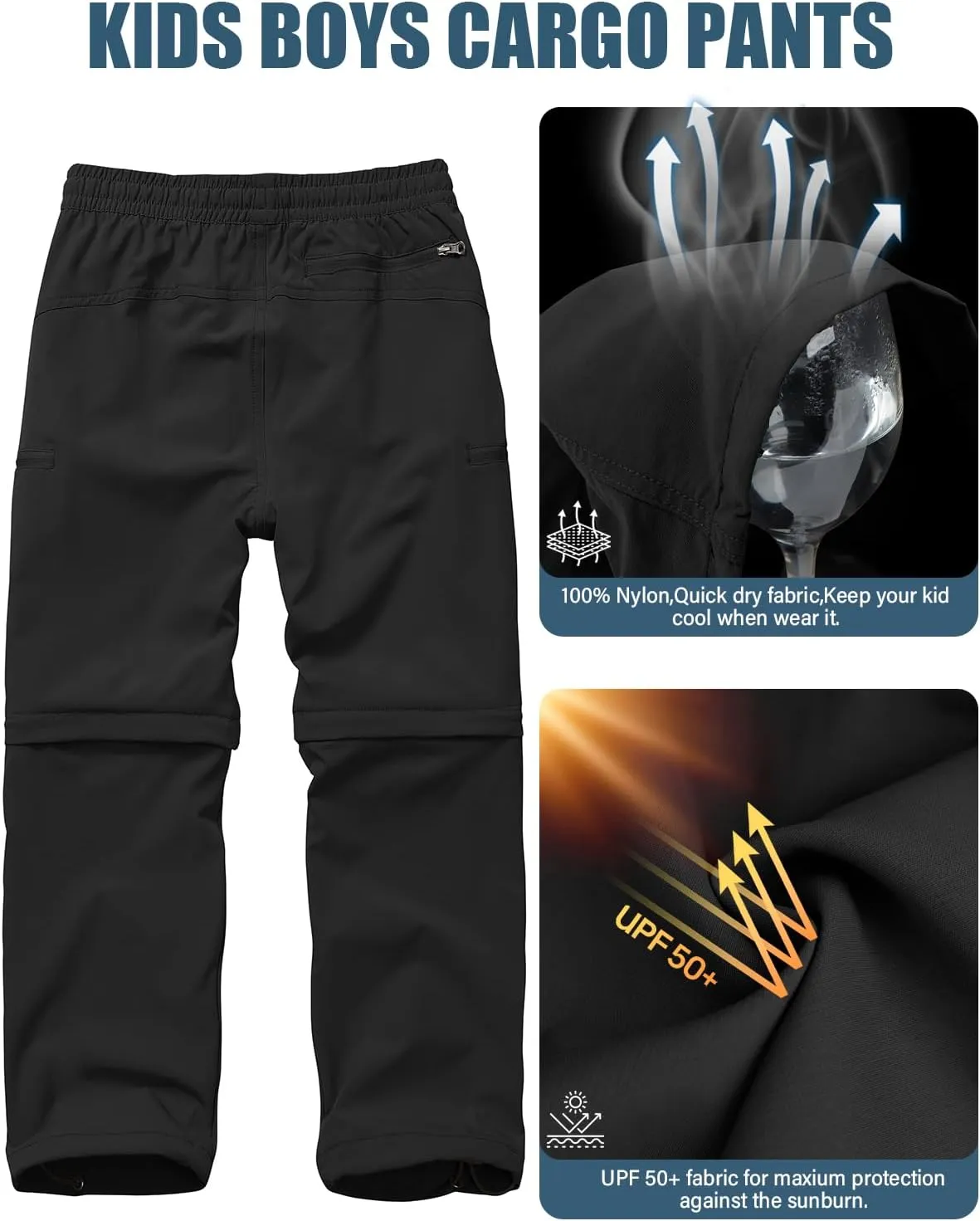 Boys Kids Hiking Cargo Pants, Youth Outdoor Quick Dry UPF 50 Lightweight Waterproof Climbing Caming Safari Convertible Pants