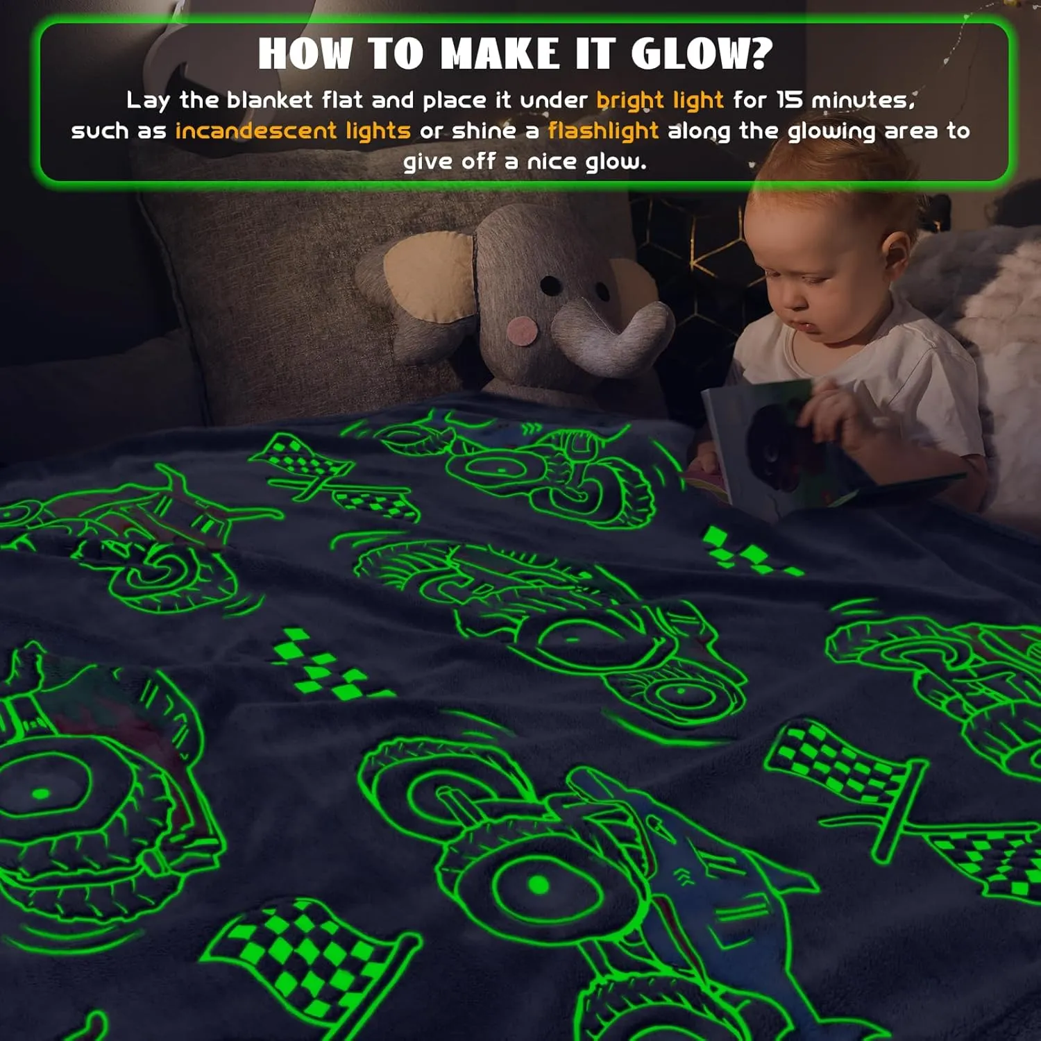 Boys Truck Car Toys Unique Gifts for Kids Glow in The Dark Blanket Glowing Cartoon Tractor Throw Blanket Soft Fleece Blanket Excavators Room Bed Sofa Decor Blankets