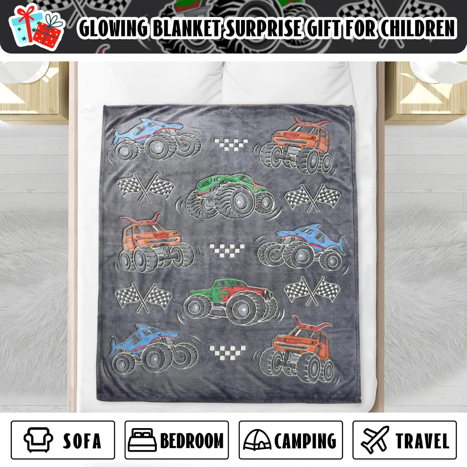 Boys Truck Car Toys Unique Gifts for Kids Glow in The Dark Blanket Glowing Cartoon Tractor Throw Blanket Soft Fleece Blanket Excavators Room Bed Sofa Decor Blankets