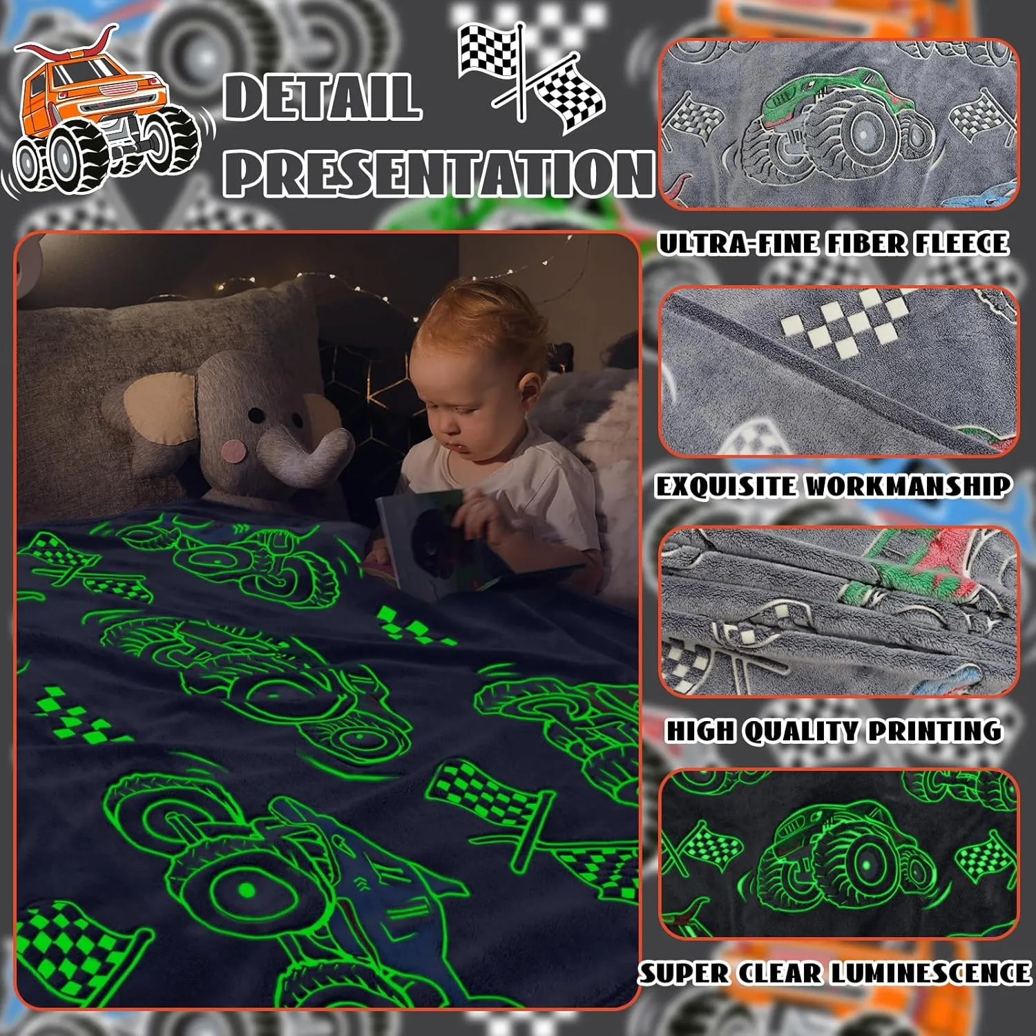 Boys Truck Car Toys Unique Gifts for Kids Glow in The Dark Blanket Glowing Cartoon Tractor Throw Blanket Soft Fleece Blanket Excavators Room Bed Sofa Decor Blankets