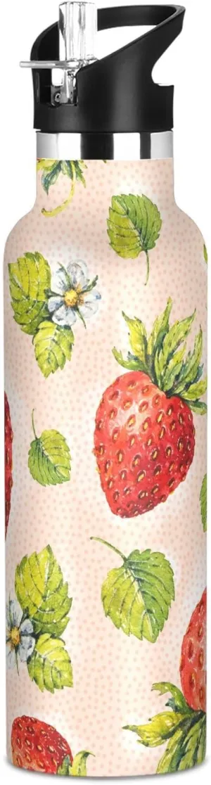 Boys Water Bottle with Straw Reusable Tumbler for Toddlers 20oz Kids Insulated Cups Leak Proof Double Wall 304 Stainless Steel Water Flask School Bottle,Strawberry Berries Watercolor
