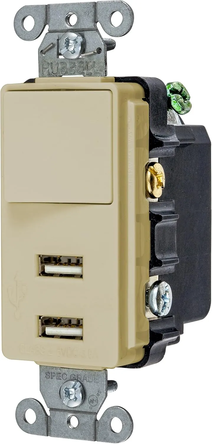 Bryant Electric USBB102I 15 Amp 125V Decorator USB Switch Combination Charger, Ivory