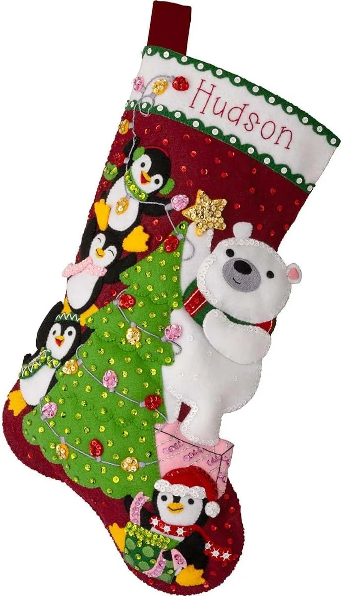Bucilla, Arctic Tree Trimmers, Felt Applique 18" Stocking Making Kit, Perfect for DIY Arts and Crafts, 89741E