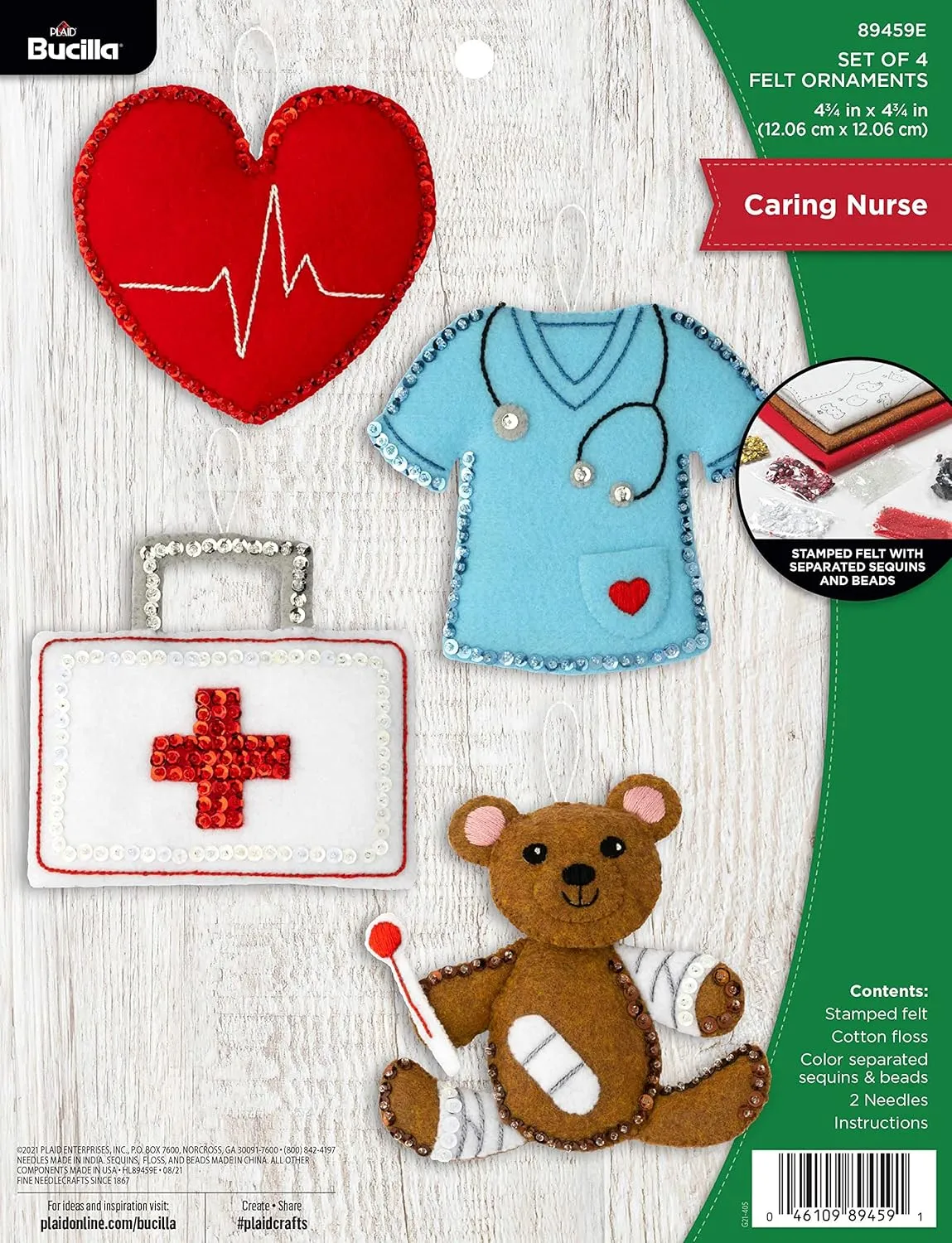 Bucilla Felt Applique 4 Piece Ornament Making Kit, Caring Nurse, Perfect for DIY Arts and Crafts, 89459E