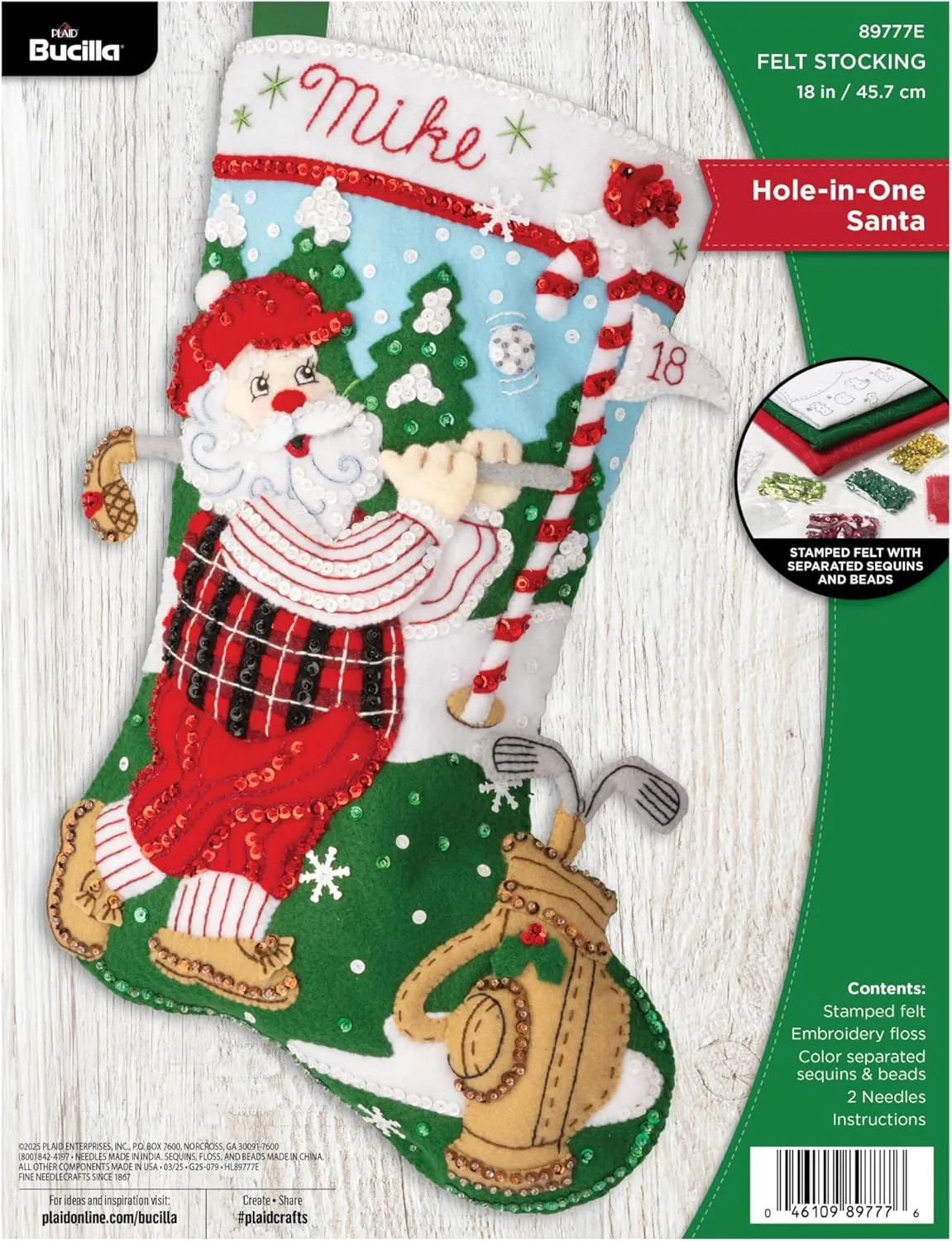 Bucilla, Hole-in-One Santa, Perfect for DIY Arts and Crafts Projects Felt Applique 18" Stocking Making Kit, 8977E