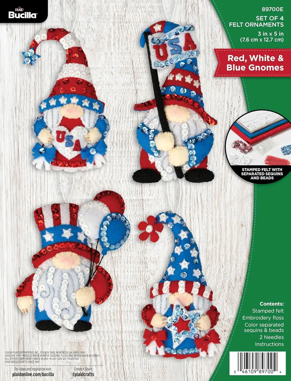Bucilla, Red, White, & Blue Gnomes, Felt Applique 6 Piece Ornament Making Kit, Perfect for Holiday DIY Arts and Crafts, 89700E