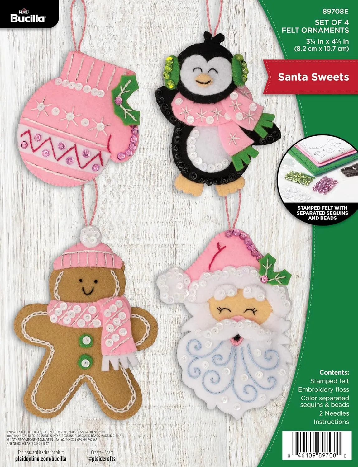 Bucilla, Santa Sweets, Felt Applique 4 Piece Ornament Making Kit, Perfect for Holiday DIY Arts and Crafts, 89708E