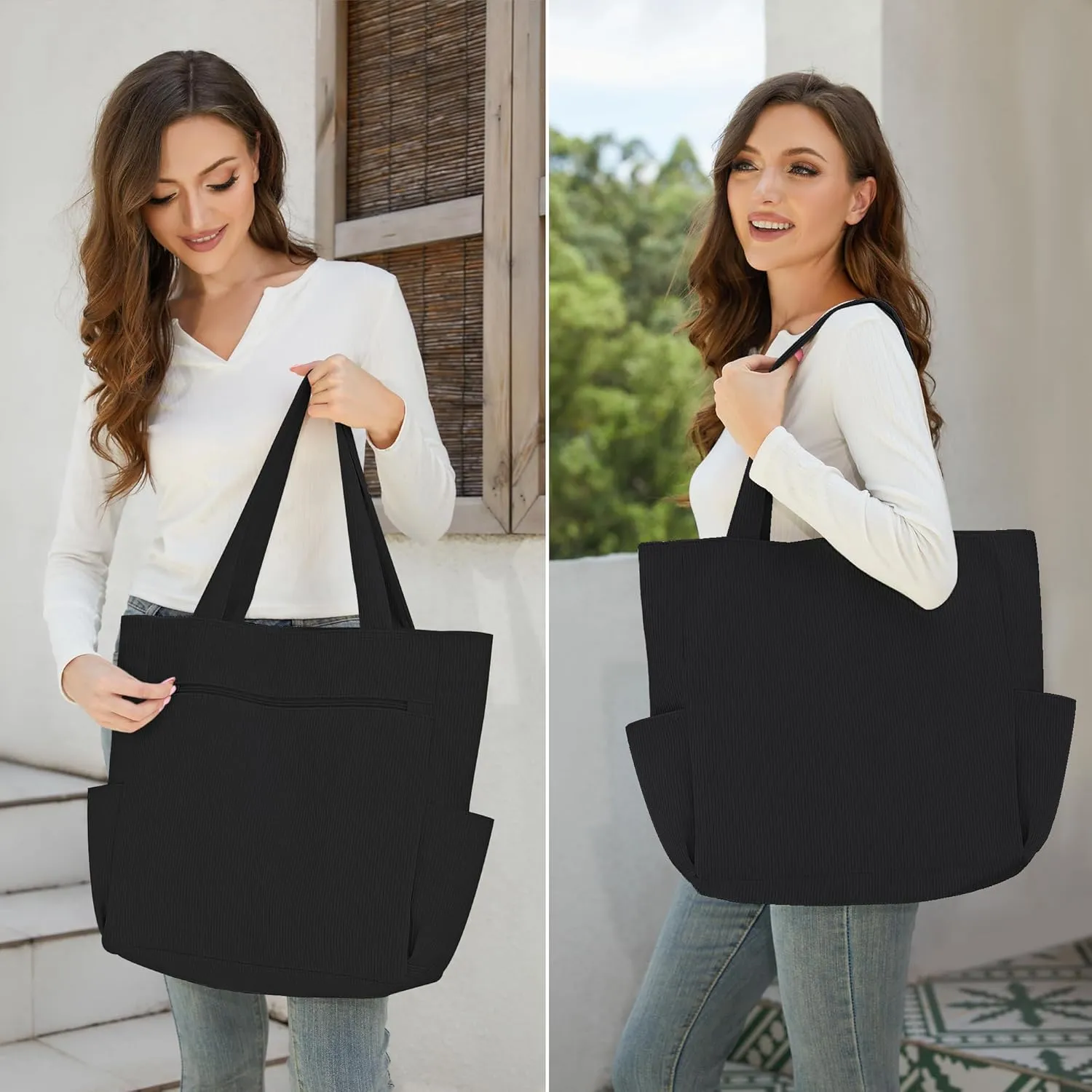 Buringer Corduroy Tote Bag for Women Large Shoulder Bag with Zipper and Pockets for Travel Gym Vacation