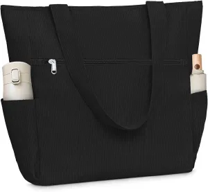 Buringer Corduroy Tote Bag for Women Large Shoulder Bag with Zipper and Pockets for Travel Gym Vacation