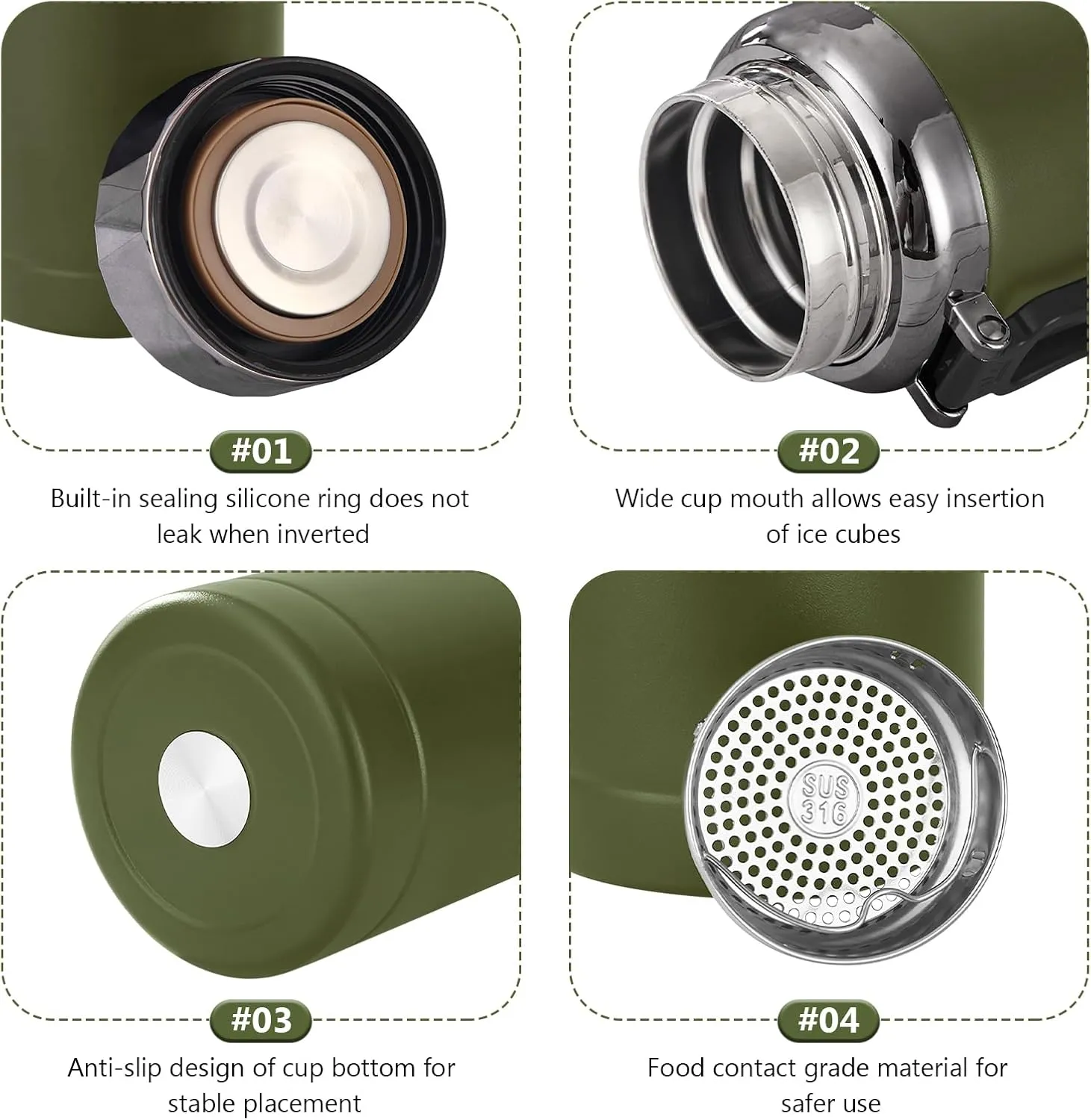 Business Insulated Water Bottles Stainless Steel Thermos Cups,Carrying Loop,BPA-Free,Double wall vacuum, leak-proof,Wide Mouth Coffee Tea Cup (B-Green, 1000ml)