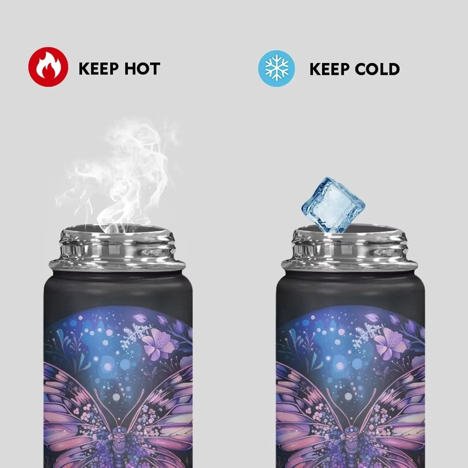 Butterfly Water Bottles Stainless Steel Wide Mouth Vacuum Insulated Thermos Leakproof Canteen Keep Cold,18 Oz
